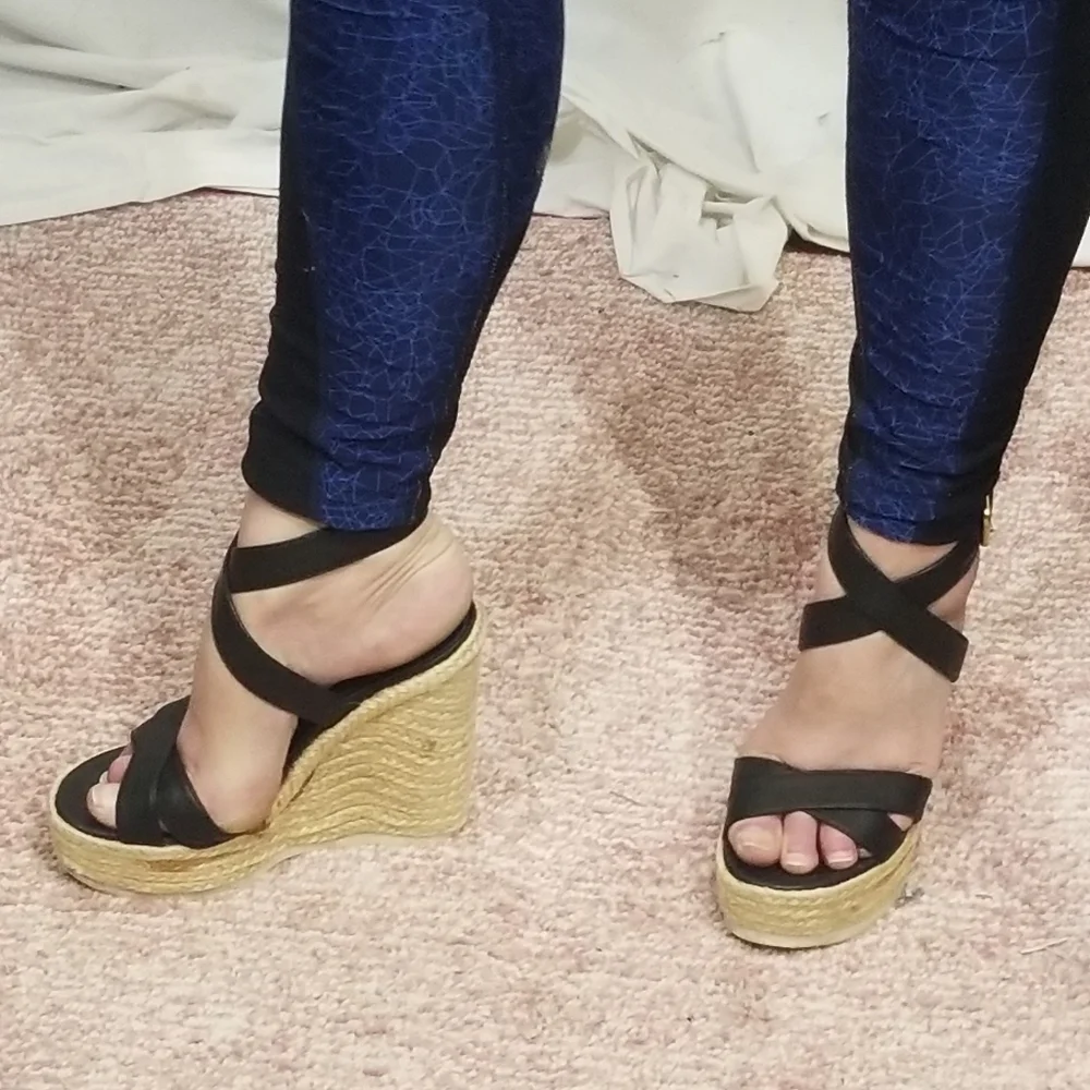 PRICE DROP-YSL Yves Saint Laurent Espadrille Wedge Black Leather Sandal